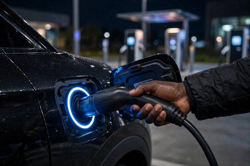 A driver plugging a charger into an electric car at a public charging station at night