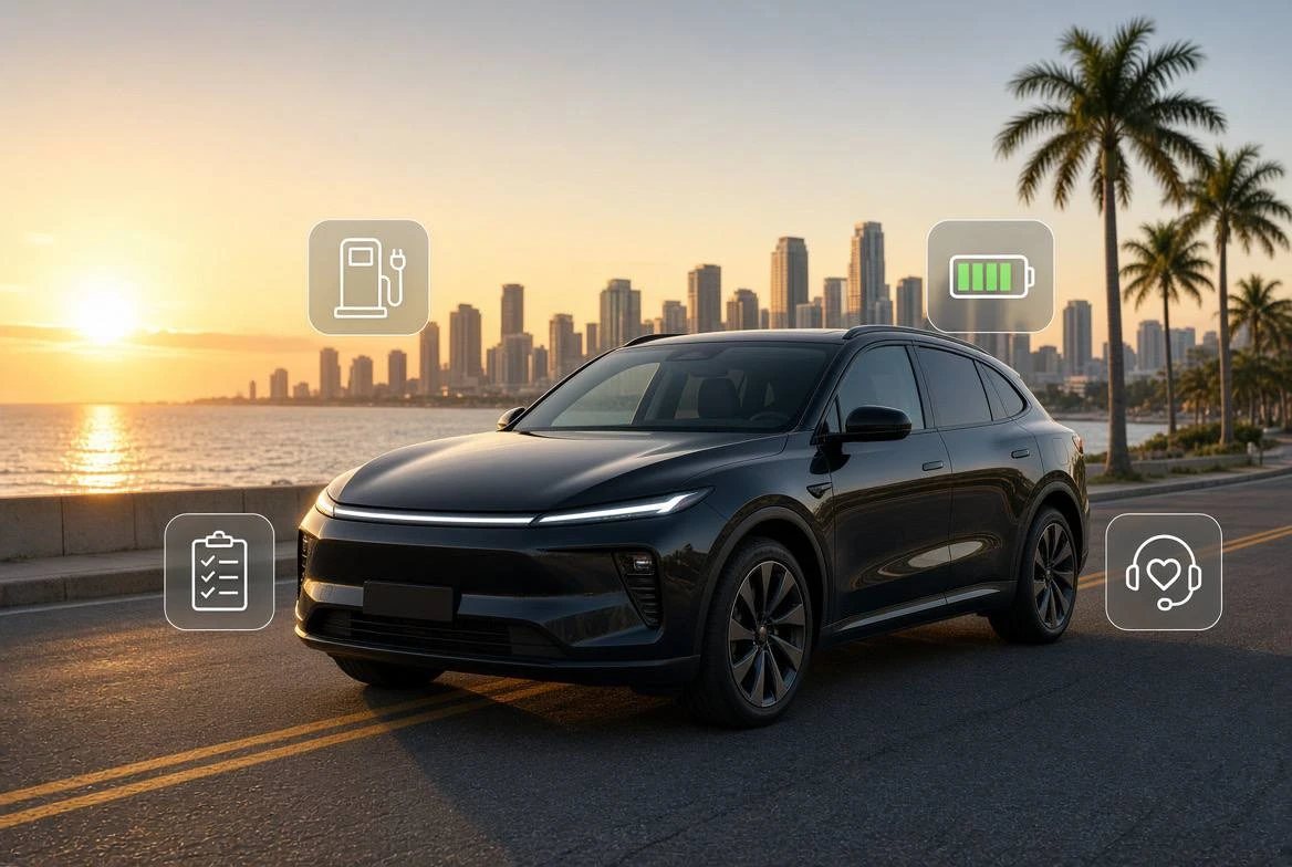 A black electric SUV on a seaside road at sunset, with icons for charging, battery, maintenance and support
