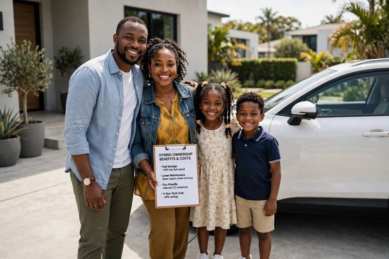 A smiling family of four beside their white hybrid car at home
