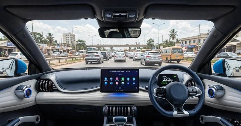 The inside of an electric car in city traffic, the dashboard showing the range left