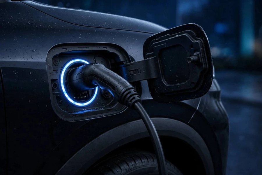 A charging plug in an electric car's glowing charge port at night