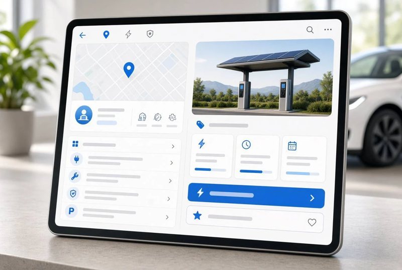 A tablet showing a station page with a map, a solar charging canopy and action buttons