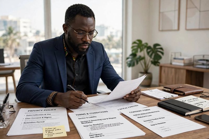 A man reading privacy policy, terms and a consent form at a desk
