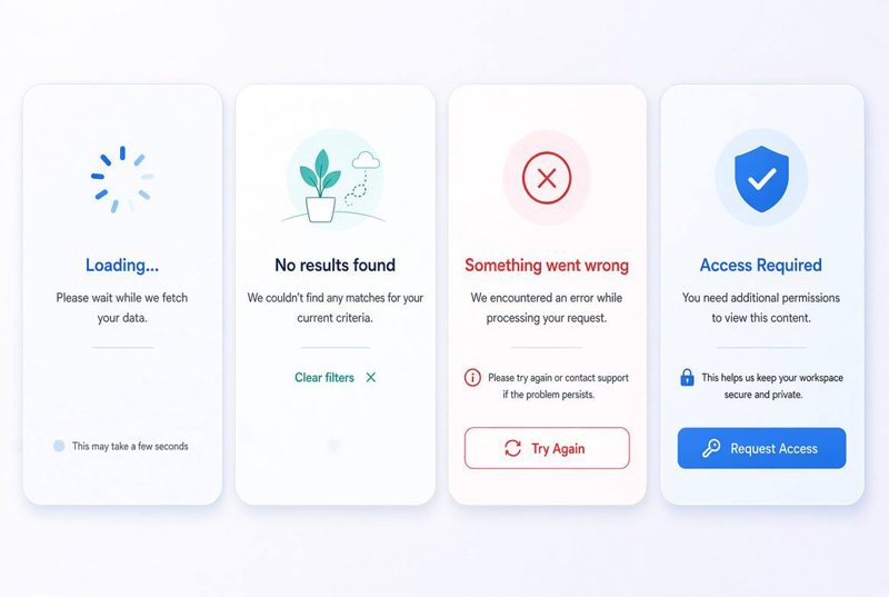 Four screens showing loading, no results, error and access required messages
