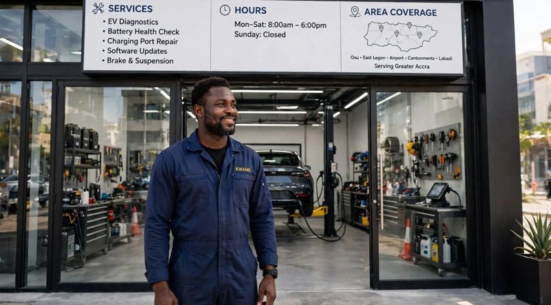 A smiling workshop owner in front of his EV workshop, with a sign showing services, hours and area coverage