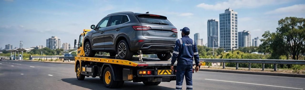 A NexaFix roadside technician beside a tow truck carrying an electric SUV