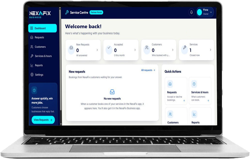 The NexaFix Business dashboard on a laptop: new requests, accepted jobs, customers and services