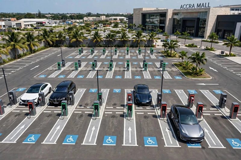 A mall car park with rows of EV chargers marked available or occupied