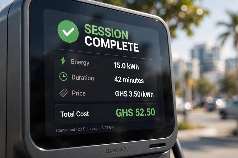 A charger screen showing a finished session with energy used and price per kWh