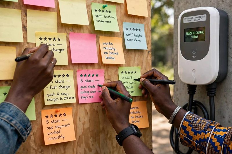 Drivers writing star ratings on sticky notes beside a charger
