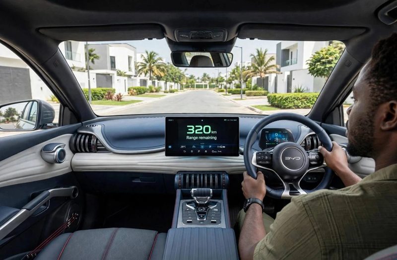 A driver at the wheel of an electric car, the screen showing 320 km range remaining