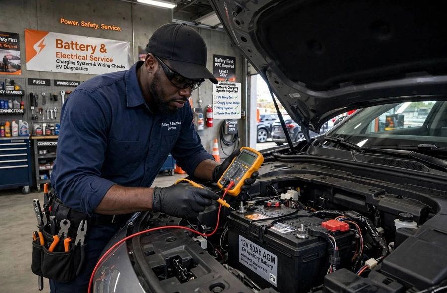 A NexaFix technician testing a car battery with a multimeter