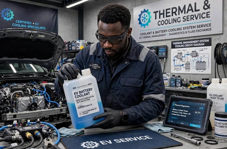 A technician holding a container of EV battery coolant in a cooling-system workshop
