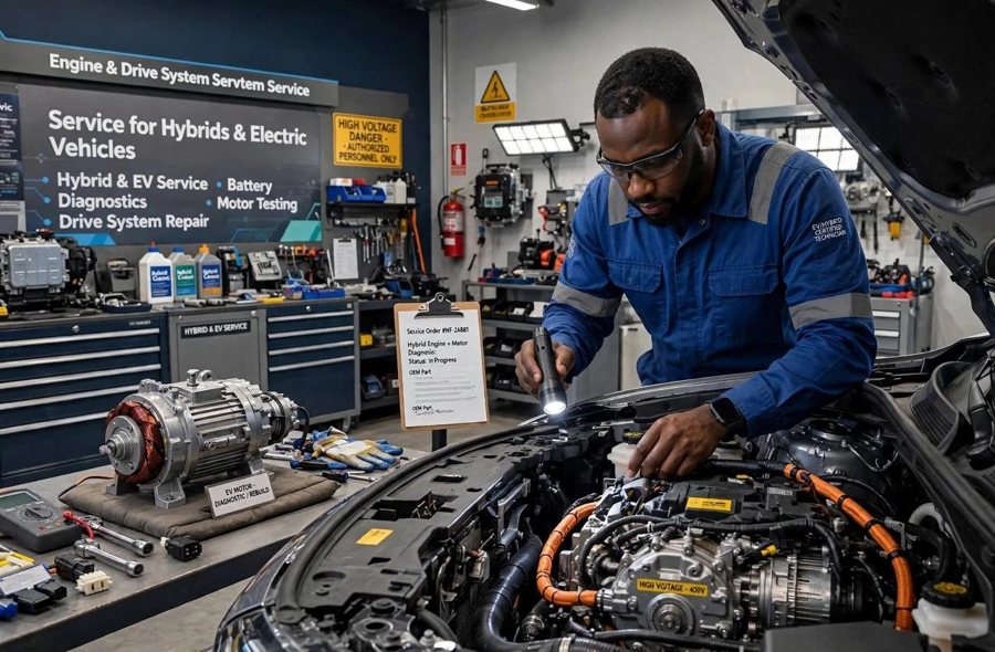A technician checking a hybrid engine bay with a torch, an electric motor on the bench