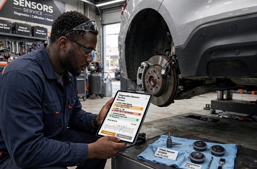 A technician reading sensor diagnostics on a tablet beside a lifted car