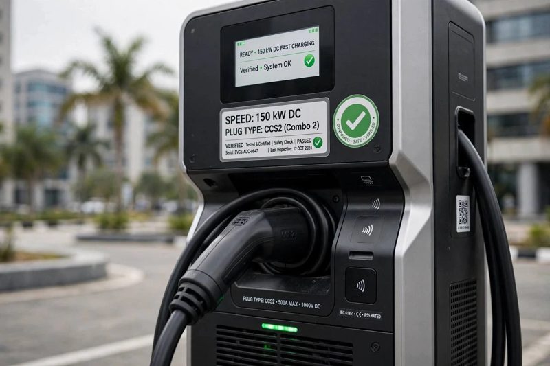 Close-up of an EV fast charger with its speed and plug type printed on a label