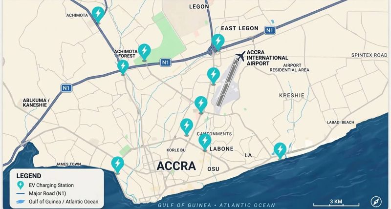 A map of Accra with charging station pins