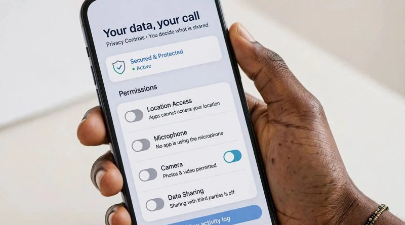 A hand holding a phone showing privacy settings
