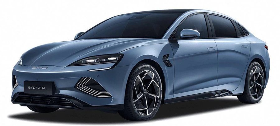 A blue-grey BYD Seal electric saloon